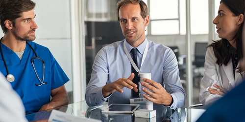 Pharmaceutical advisor presenting new medicine to a healthcare professional for consideration in treatment plans.