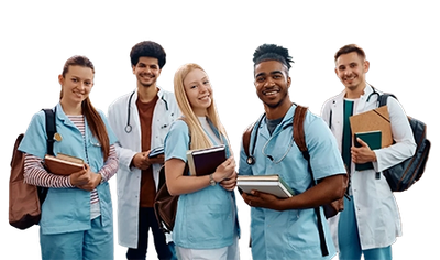 Group of happy medical and nursing students at university looking at camera